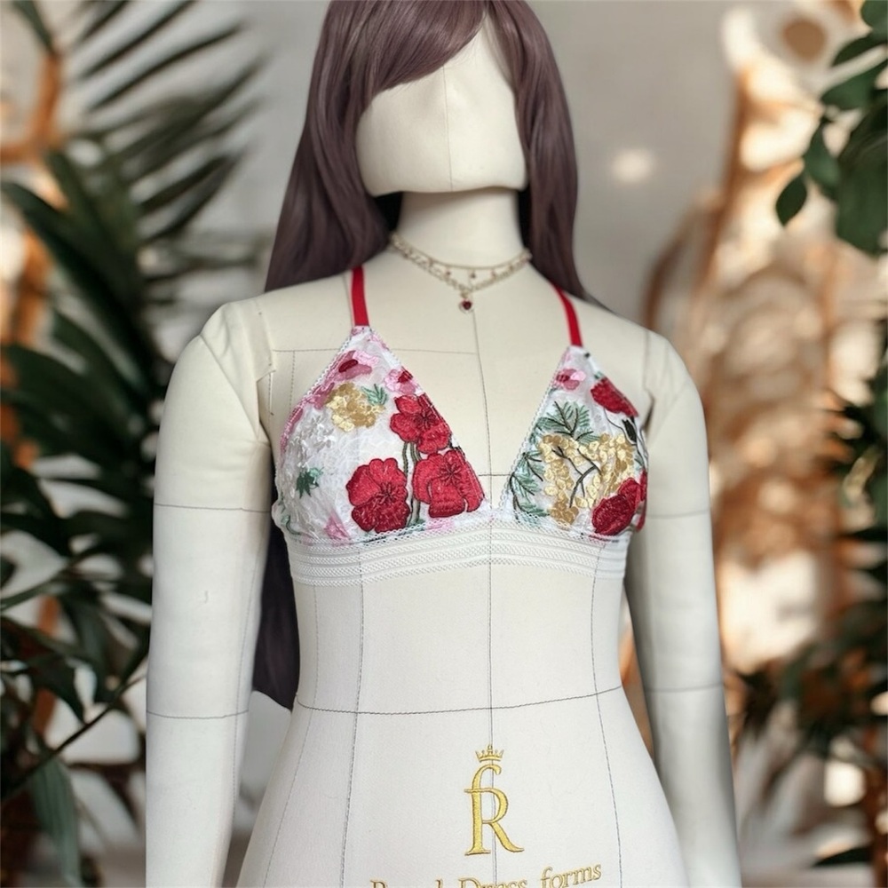 Floral Lace Bra with Red and White Embroidery